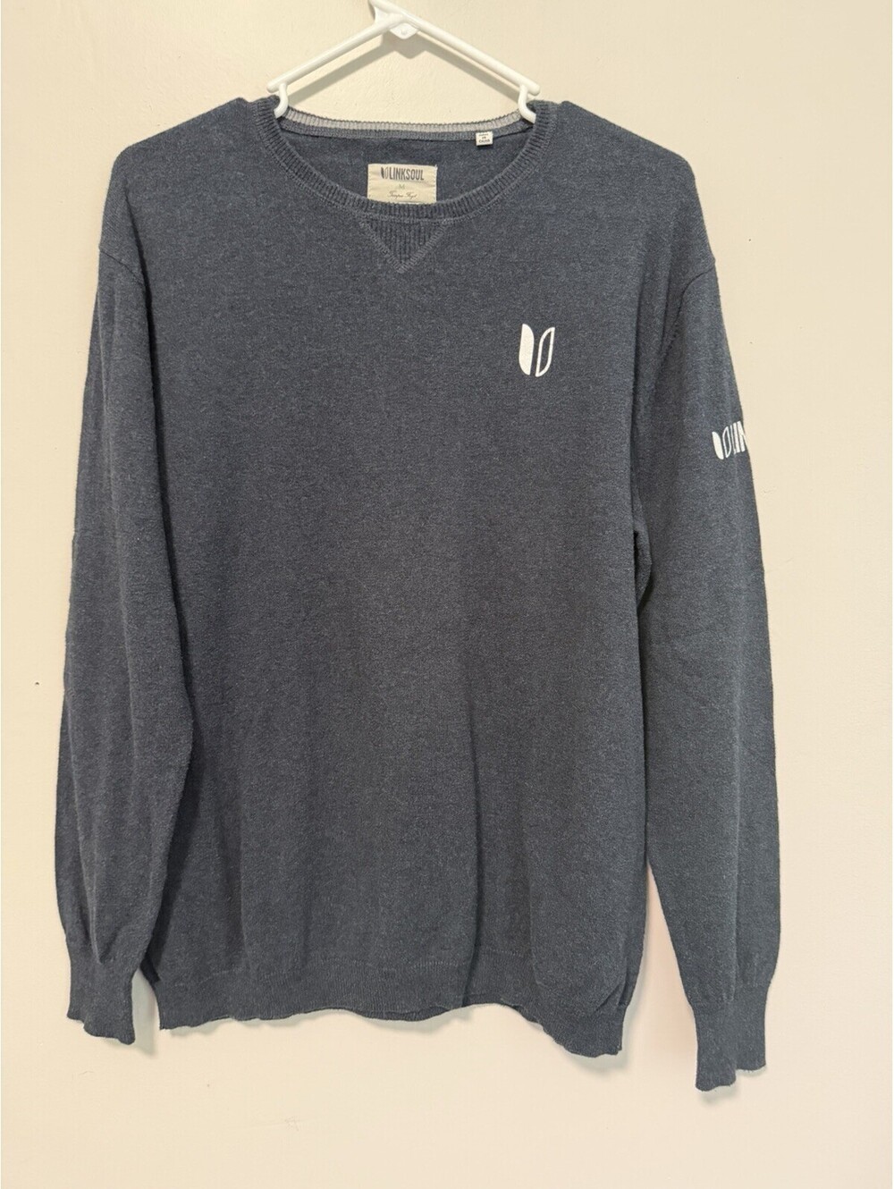 Linksoul Cotton Cashmere Sweater Men’s Medium Elbow Patches Crewneck Preppy Blue